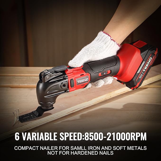 TEENO 20V Cordless Oscillating Tool with 2 Batteries, 4° Oscillation Angle Oscillating Saw, 6 Variable Speeds with Quick-Lock Change System, 26PCS Multitool Blades & Carrying Bag for DIY Projects