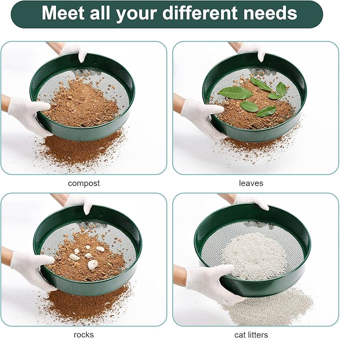 Soil Sieve Garden Riddle Sieve 12" Diameter, Fine Mesh Soil Sieve, Potting Sieve with 4 Interchangeable Filter Mesh Sizes 3,6,9,12mm and Shovel