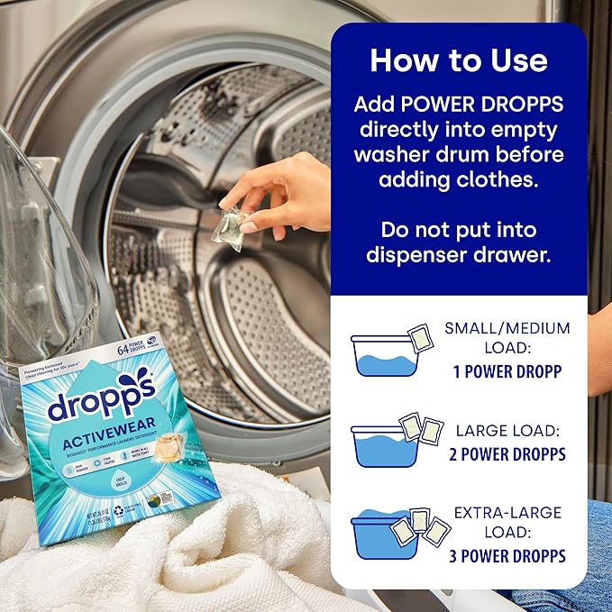 Dropps Activewear Laundry Detergent Pods, Unscented (64 Count) - Free & Clear | Fights Sweat & Body Odors | For Synthetic Workout Clothes | Clean Ingredients | Plastic Free Packaging