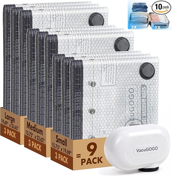 Travel Vacuum Storage Bags with Pump, Carry-on Luggage Compression Bags + Portable Electric Pump, 80% Space Saver for Clothes, Vacuum Seal Bags for Clothing Packing Travel, Pack of 9