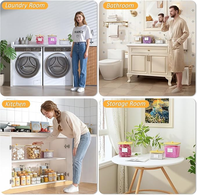 efluky 4 pack Laundry Pods Container & Dryer Sheet Holder Set,Clear Laundry Room Organization Containers with Bamboo Lids and Labels,Laundry Pods Holder for Scent Booster,Powder,Pod