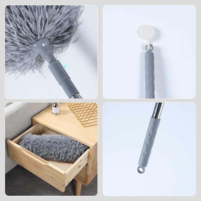 BOOMJOY Microfiber Feather Duster with 100 inches Extension Pole, Dusters for Cleaning High Ceiling, Fan, Blinds, Furniture, Dark Grey