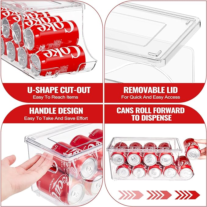 SCAVATA 2 Pack Stackable Refrigerator Organizer, Soda Can Dispenser Pop Cans Container Beverage Holder with Lid for Fridge, Freezer, Kitchen, Clear Plastic Storage Bins-Holds 10 Cans Each