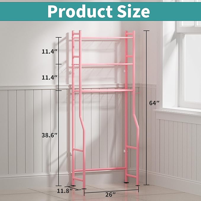 3-Tier Over The Toilet Storage Organizer, Space-Saving Bathroom Rack with Paper Holder & 4 Hooks, 64" Tall Freestanding Carbon Steel Shelf for Small Apartment Laundry Room (Pink)