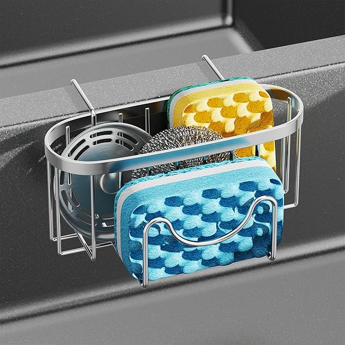 HapiRm Sponge Holder for Kitchen Sink - Rustproof Hanging Kitchen Caddy for Double-Bowl Sink, Center Divider Width Less Than 1.5in- Silver