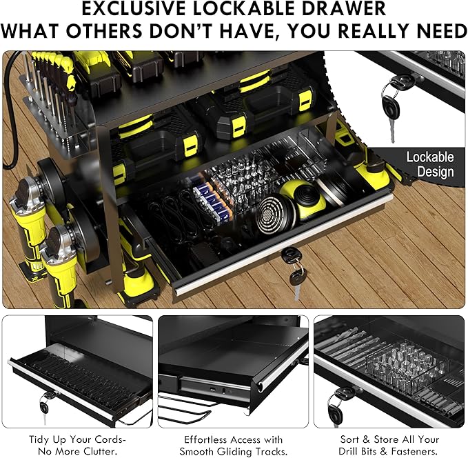 KSVO Power Tool Organizer Wall Mount with Drill Holder, Grinder Bracket, Hammer and Pliers, Locking Drawer, 6-Outlet Charging Rack - Heavy Duty Metal Tool Storage Garage, Workshop (Yellow)