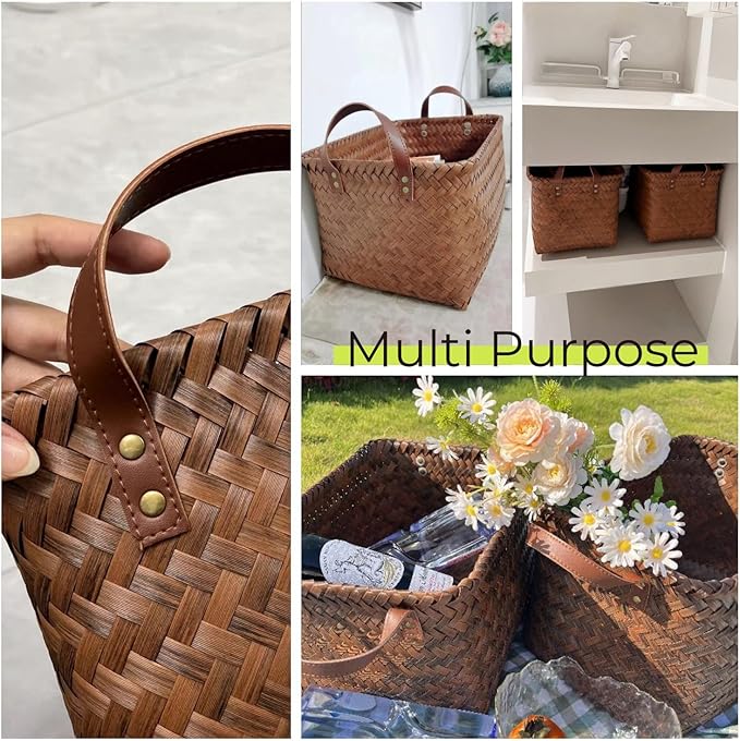 GIB Wicker Storage Baskets for Shelves, Woven Laundry Basket for Organizing Clothes Blanket Basket, Decorative Rectangular Closet Organizers Storage Bins with Handles, Brown, 4 Pack