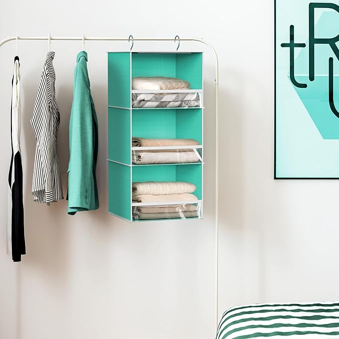 Simple Houseware 3 Shelf Hanging Closet Organizer with Front Stopper, Turquoise