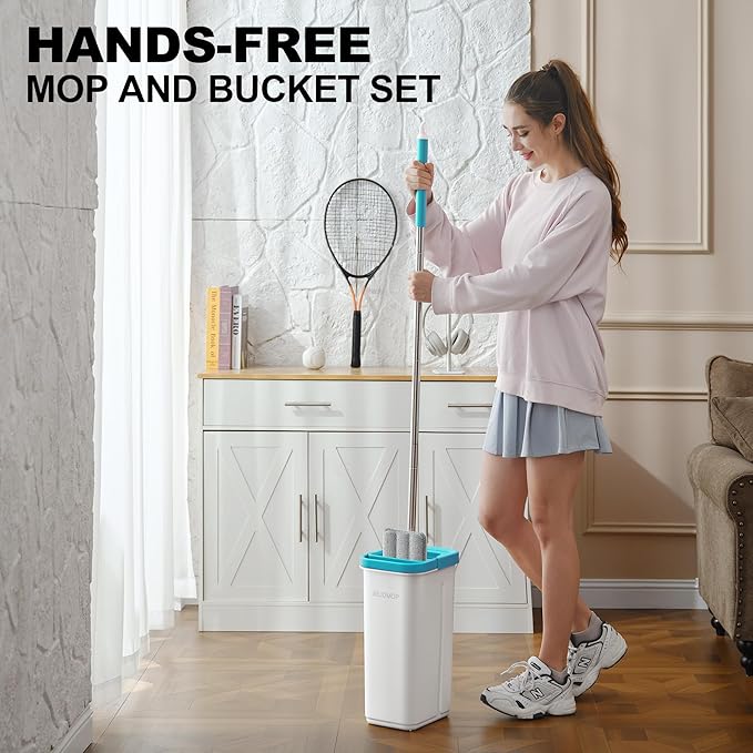 Mop and Bucket Set, Mops for Floor Cleaning, Squeeze Flat Mop and Bucket System, Dry & Wet Wall Mop Cleaner with Long Handle for Household Cleaning with 4 Microfiber Mops, Turquoise-Cyan