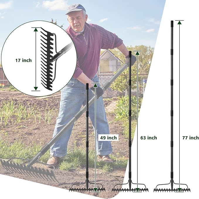 49'' Bow Rake ，17 Tines Metal Head Rakes with Stainless Steel Handle，Heavy Duty Garden Rake for Loosening Soil Gathering Leaf Leveling Lawn Farming Land Management Yarn Thatch Rake