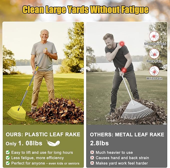 Lightweight Leaf Rake for Lawns - Durable Nylon Plastic Head,Easy Yard & Garden Rake for Women,Seniors,Kids, 16.5" Wide for Leaves, Grass,Pine Needles,Gardening,Adjustable 35–75" Long Handle