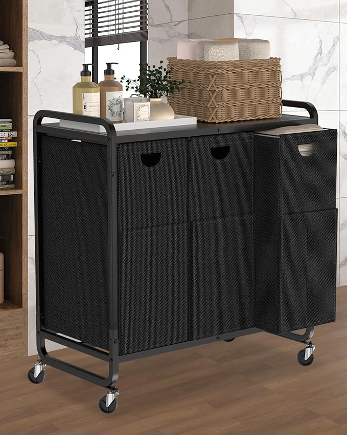 Laundry Sorter 3 Section,Laundry Basket with Wheels,3×15.8 Gal (60L) Laundry Hamper Organizer with Large Wooden Desktop Sorter,Pull-Out and Removable Laundry Bags (Black, 3 Bags - 180L)
