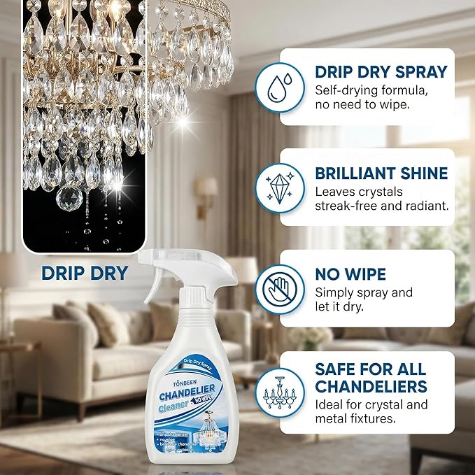 Chandelier Cleaner Drip Dry Spray, No Wipe Formula for Crystal Chandeliers, Streak-Free Spray-On Cleaner for Glass & Decorative Lighting Fixtures, Surface-Friendly on Crystal, 10.14 oz
