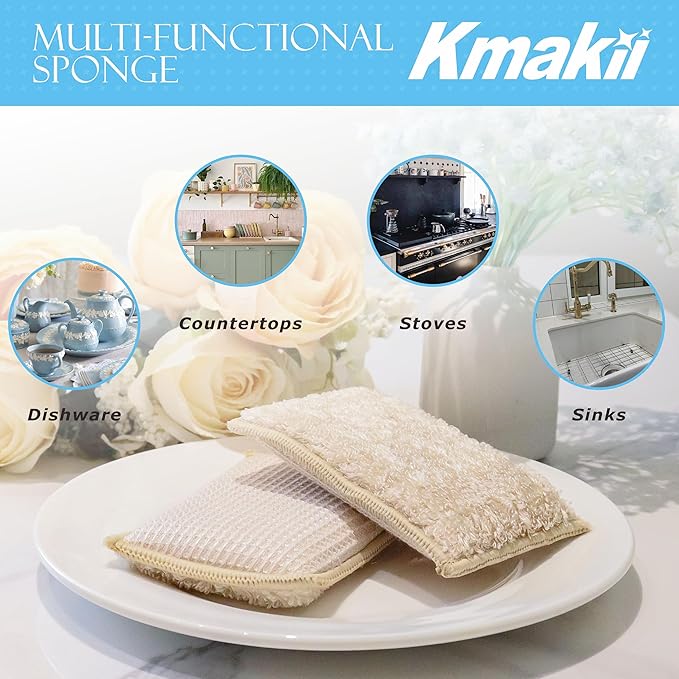 KMAKII Bamboo Kitchen Sponges Dish Sponge Super Absorbent Natural Dish Sponges,3 Color, Pack of 6
