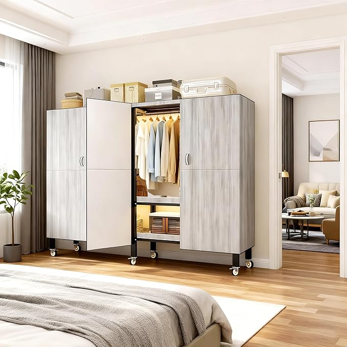 Foldable Portable Armoire Wardrobe Closet for Hanging Clothes Rack, Heavy Duty Covered Clothes Rack with Cover(HARDBOARD Magnetic), Closet Garment Rack for Bedroom Storage (KT Woodgrain Gray, 70.86in)