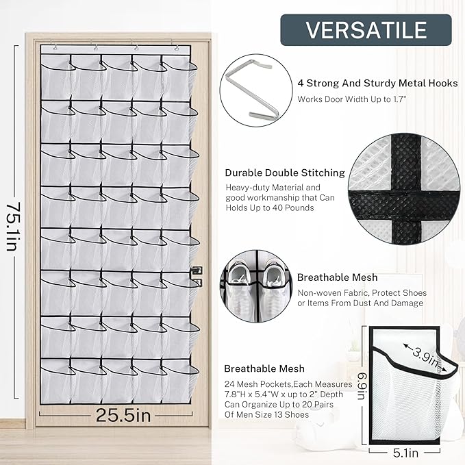 40 Large Mesh Pocket Over the Door Shoe Organizer,Hanging Shoe Rack for Door,Hualleko Shoes Organizer Hanger with Large Capacity, Shoes Storage Holder Sturdy Non-woven Fabric - Stores 20 Pairs (White)