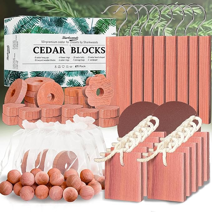 Cedar Blocks for Clothes Storage 67 Pack, Cedar Chips, Cedar Wood Balls and Rings, 100% Natural Aromatic Accessories for Closets and Drawers Freshener