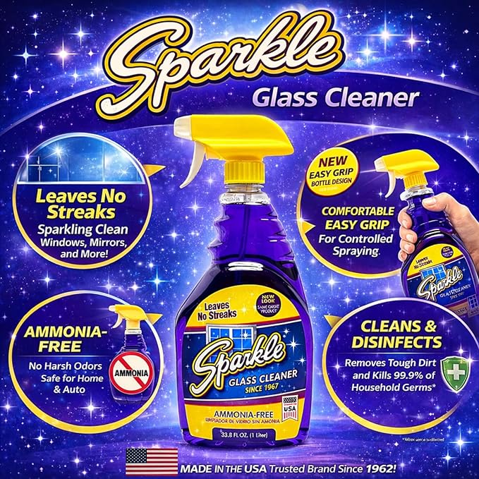 Sparkle Ammonia-Free Glass Cleaner Refill, Heavy Duty Streak-Free Window & Mirror Cleaner Spray, Original Formula, 2L Bottle (Pack of 6)