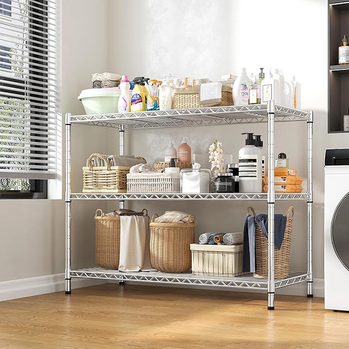 3- Shelf Metal Shelving Unit 35.6Wx14Dx36H,Adjustable Storage Shelves Heavy Duty Garage Steel Shelving for Office,Wire Rack Small Shelf for Kitchen Shelves Laundry Bathroom Pantry Closet,Chrome
