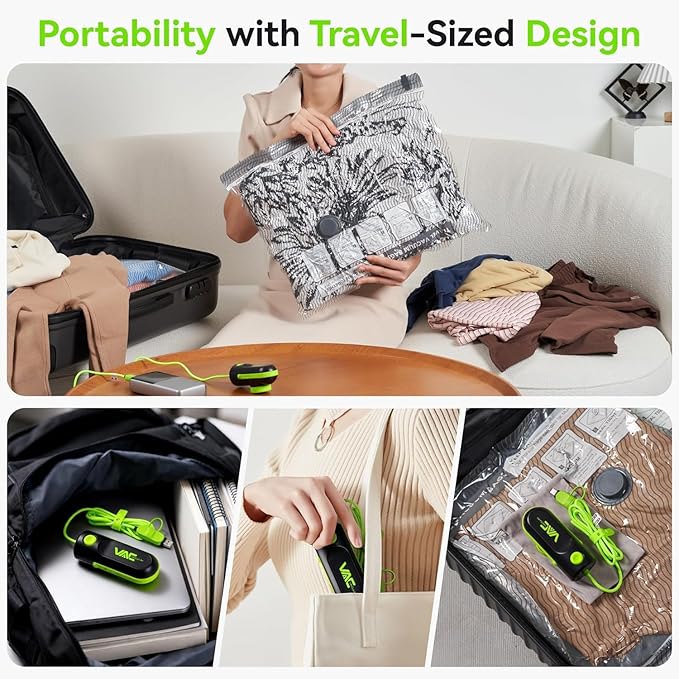Travel Vacuum Bags with USB & TYPE C Pump, 9 Pack Carry-On Vacuum Storage Bags for Luggage & Suitcase, Vacuum Luggage Bags, Space Saver for Clothes & Travel(Green)
