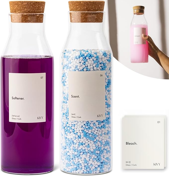 KIVY Glass Laundry Detergent Dispenser + Labels [Set of 2] Glass Jars for Laundry Room Organization Decor - Scent Beads & Soap Dispenser for Liquid Detergent Dispenser & Fabric Softener