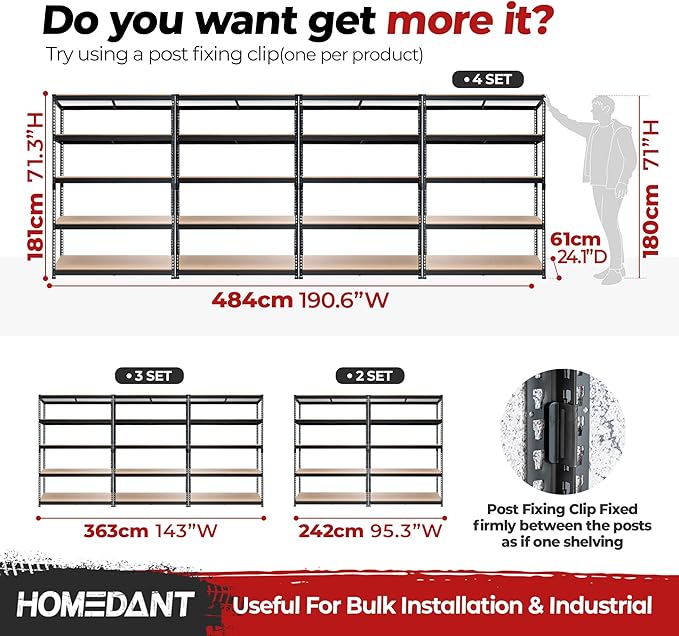 HOMEDANT 47.7" W Deep 5 Tier Heavy Duty Garage Shelving Adjustable Metal Rack Storage Shelves Standing Shelf Unit Organizers Industrial Warehouse Basement Black 2Pack