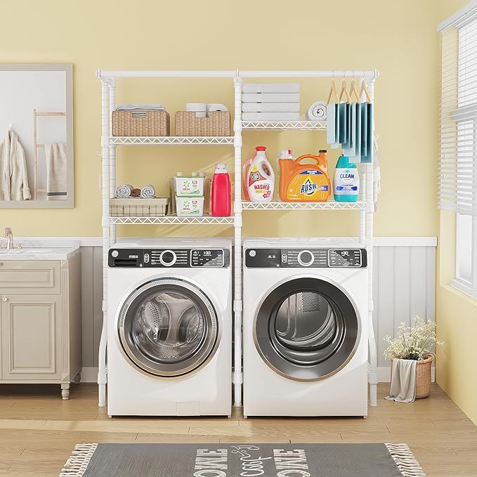 ULIFHOME U14 Medium Over the Washer and Dryer Shelves, 4 Tiers Laundry Room Storage and Organizer System, Space Saving Clothes Drying Rack with 2 Clothes Hanger Rods, 57.8"W x 20.5"D x 77.4"H, White