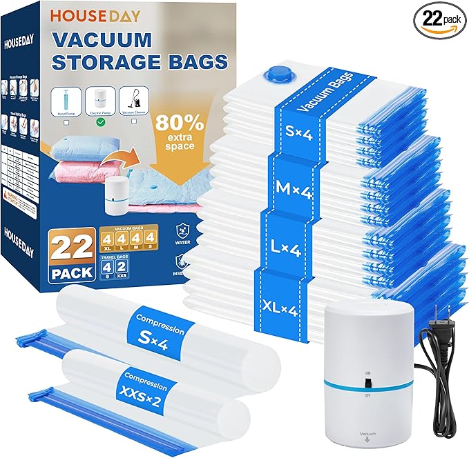 HOUSE DAY 22 Pack Vacuum Seal Bags For Clothing Travel, 80% Space Saving Travel Vacuum Bags with Electric Pump, Vacuum Storage Bags For Clothes, Comforters, Blankets, Moving, Storage & Organization
