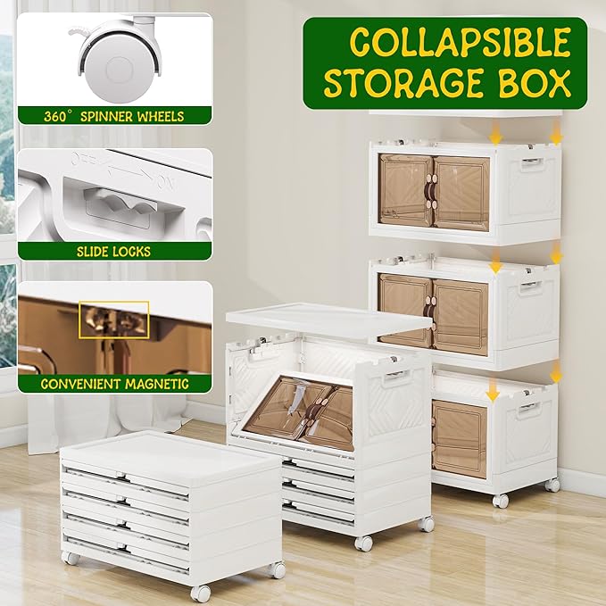 Storage Bins with Lids and Wheels, 440QT-110QT*4Tier Collapsible Bathroom Storage Cabinet with Clear Doors, Plastic Stackable Closet Organizers and Containers White