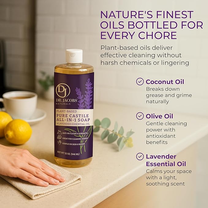 Dr. Jacobs Naturals Lavender Castile All-in-One Cleaner and Soap - Plant-Based Formula for House Cleaning Floors and Appliances - Gentle on Skin and the Planet - 32 oz, 1 Pack