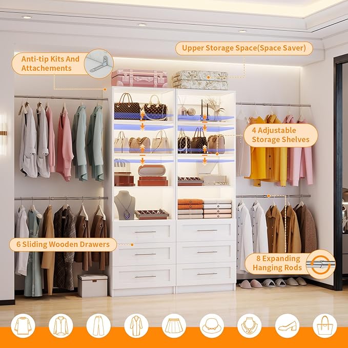 Closet System with 6 Drawers, 6FT-15FT Wooden Closet Organizer System with 8 Expandable Hanging Rods and Shelves, Closet Shelving System for Walk in Closet for Bedroom,Wall Mount, White 2 Sets