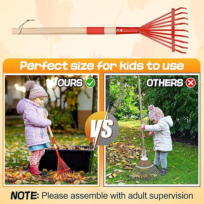 Small Leaf Rake-Wooden Handle Leaf Rake for Little Helper Courtyard/Garden Leaves Cleaning for Kids (Red)