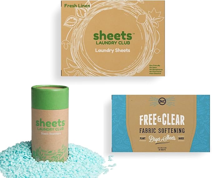 Sheets Laundry Club Bundle - 50 Pack (up to 100 loads) Fresh Linen Detergent Sheets, 40 Pack Vitality Dryer Sheets & 8 Oz. Sea Breeze Scent Booster - New Liquidless Technology