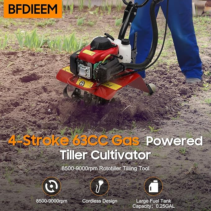 4-Stroke 63CC Gas Powered Tiller Cultivator Garden Yard Rototiller Tilling Tool Gas Tiller- Ideal for Garden, Lawn, Soil Cultivation, Weed & Digging