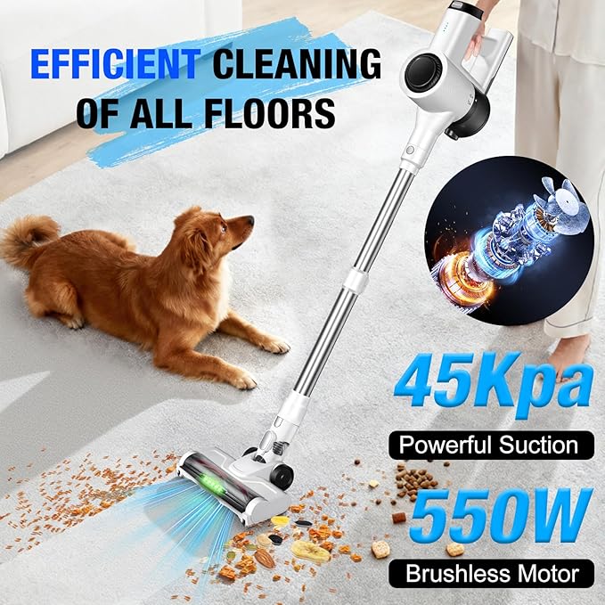 BMeetW Cordless Vacuum Cleaner with, LED Screen Stick Vacuum Cleaners for Home, Lightweight Powerful Suction Vacuum, 6-in-1 Rechargeable Vacuum for Carpets, Pet Hair, Hardwood Floors