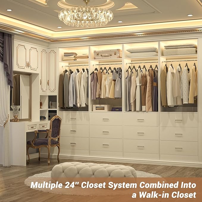 Besiost Closet System Set of 2, 4FT Closet Systems with 6 Wood Drawers, 48" Closet Organizer System with 2 Hanging Rods & 2 Shelves, Heavy Duty 48 Inch Walk-in Closet , White (48"L x 15" W x 80" H)