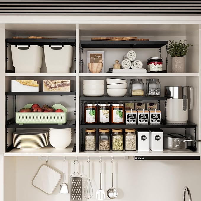 Jojocross Adjustable Stackable Metal Storage Shelf Organizer - Expandable Wire Rack with Perforations for Kitchen, Pantry, Bathroom, Cabinet & Office-Compact, Durable & Sturdy (3PACKS/Large/Black)
