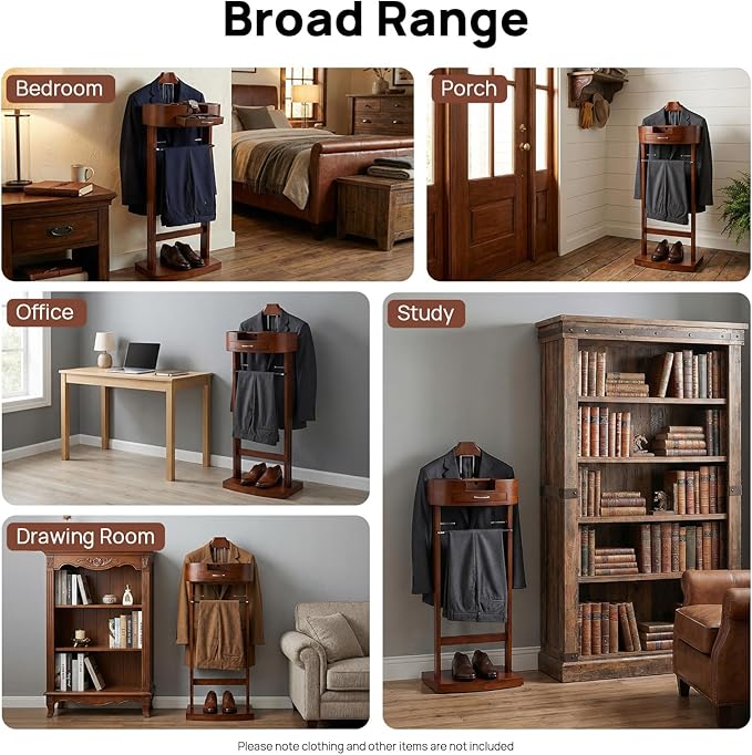 Wood Suit Rack, Freestanding Clothing Valet Stand Valet Stand Suit Racks Freestanding Wood Clothing Valets Stand Rack Organizer Clothes Butler for Bedroom Entryway Home Living Room Office