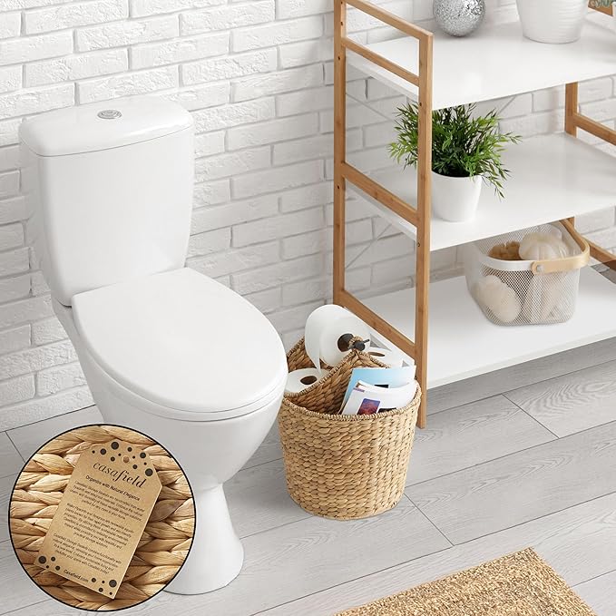 Casafield Toilet Paper Roll Storage Basket with Magazine Holder, Natural - Woven Water Hyacinth Wicker Bathroom Bin for Bath Tissue and Toiletries