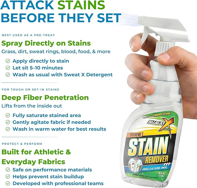 SWEAT X Extreme Stain Remover Spray for Clothes - Professional Laundry Stain Remover Spray for Performance Fabrics & Activewear - Powerful Stain Treater & Spot Remover for Clothes - 16 oz (1 Bottle)