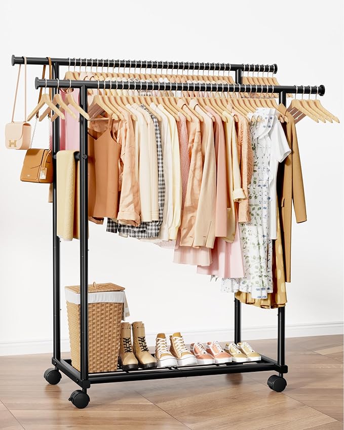 Sakugi Metal Clothes Rack - Double Rod Clothing Rack with Fixed Design and Rolling Wheels, Coat Rack with Built-In Shelf for Closet Organizers and Storage (45.6" x 16.9" x 61.0", Black)