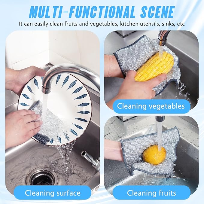 Wangjinpeng 8 PCS Four-Layer Non-Scratch Multipurpose Steel Wire Dishcloths - Reusable Quick-Dry Odor-Free Scrub Cloths for Dishes, Kitchen Cleaning Cloths for Cookware, Sinks, Stove Tops(7.87X7.87)