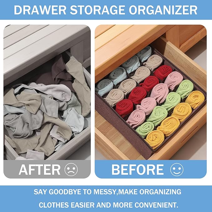 Foldable Storage Cubes Drawer Underwear Organizer Dividers， under Cabinet Organizer 24-Cell Fabric Storage Boxes for Lingerie,Socks,Ties （Coffee）