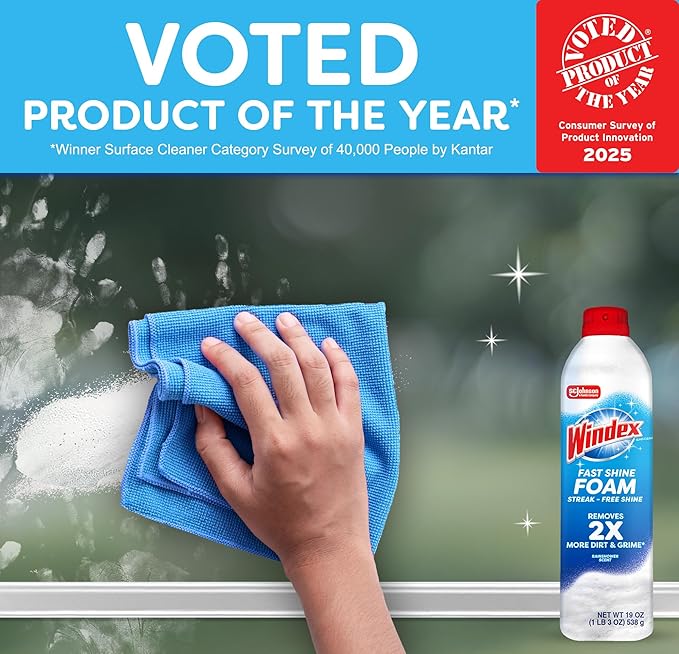 Windex Fast Shine Foam Glass Cleaner, No-Drip Windows, Doors, Mirrors & Countertops Aerosol Cleaning Spray, Streak-Free Shine, Removes Fingerprints, Dust, Dirt, Grime & More 19 oz (Pack of 2)