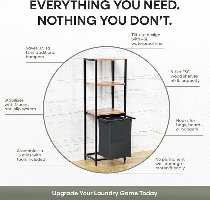 Tilt-Out Laundry Hamper with Shelf – 3 Tier Laundry Organizer with Waterproof Fabric Bin | Freestanding Storage Cabinet with Hooks for Bathroom & Bedroom
