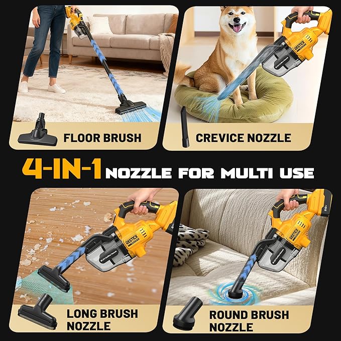 Cordless Vacuum Cleaner with 2x4.0A Battery&Quick Charger | 50kPa 125AW Strong Suction | 5 HEPA Filters | 4-in-1 Nozzle | 65CFM Powerful Brushless Handheld Vaccum for Home, Car, Pet