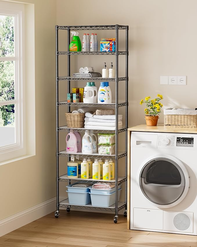 Golpart 8 Tier Shelves Storage Shelf Wire Closet Bathroom Organizers Metal Pantry Kitchen Garage Shelving Unit Laundry Room Organization Home Rack Net Basket Black with Wheels 12”D X 22”W X 74.2”H