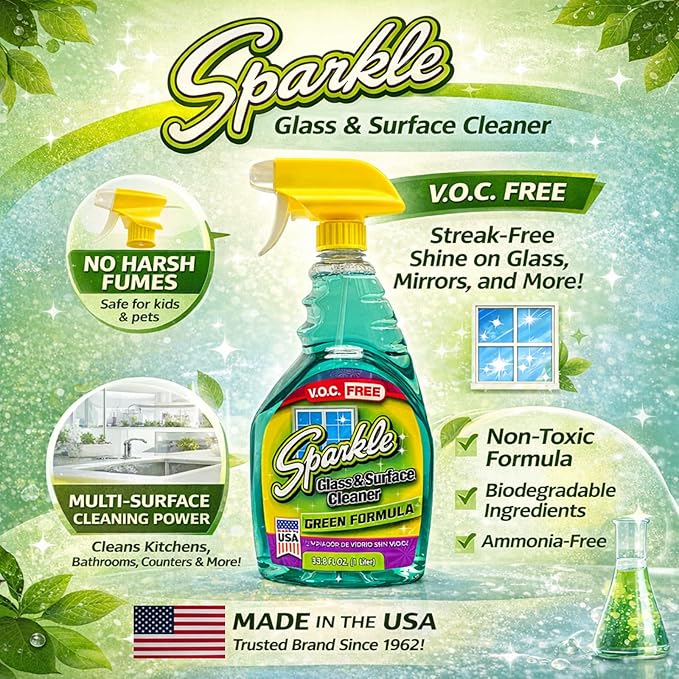 Sparkle Glass Cleaner Green Formula, Streak-Free Window, Mirror & Glass Surface Cleaner, 1 Gallon 128 Fl Oz Refill