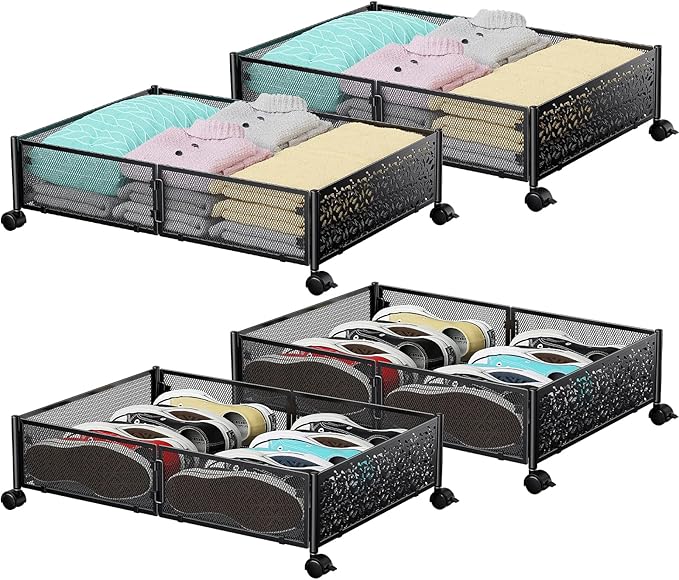 PHINOX Under Bed Storage, Under the Bed Storage Containers with Wheels, Under Bed Shoe Storage Organizer Drawer for Bedroom Clothes Shoes Blankets -4Pack