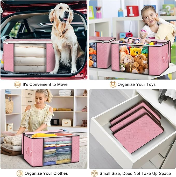 90 L Large Storage Bags, 8 Pack Clothes Storage Bins Foldable Closet Organizer Storage Containers with Durable Handle Storage and Organization, Blanket, Comforters, Bed Sheets, Pillows and Toys (Pink)